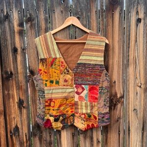 Women’s Cottage Core Vintage Neutral Brown Hippie Patchwork Button Down Vest